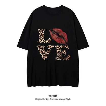 TREPUB.T-shirt Oversize Korean red lip LOVE Baju Kaos Korean Style | Pria Wanita /368