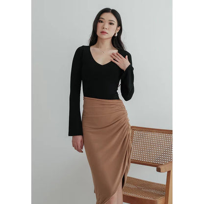 NZINGA Hyosonn | Skirt Wanita Slim Fit Polos - Rok Midi Kerut Belahan Depan Stylish | Ukuran S - XXL