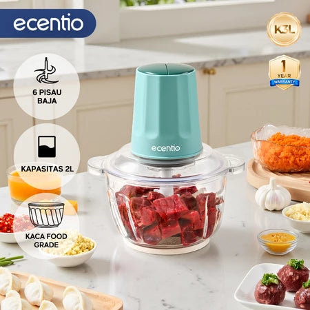 ecentio Multifungsi Blender Penggiling Daging Kaca 2L 6 Pisau Kecepatan Food Processor Ganda Kapasitas Besar Mesin Giling Daging
