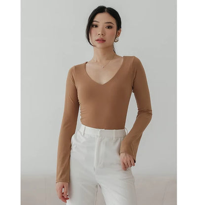 NZINGA Jiyeon | Bodysuit Wanita Polos Lengan Panjang - Model V Neck Slim Fit | Ukuran S - XXL