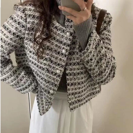 EMITA BLOOM tweed blazer wanita kekinian korea jaket outer crop wanita korean style aestetic terbaru 2026 baju cardigan kondangan wanita