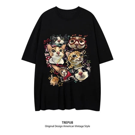 TREPUB. T-shirt Oversize off-the-shoulder happy cats Baju Kaos Korean Style | Pria Wanita /403