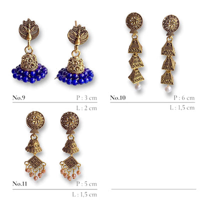 Anting Khas INDIA, Combo of 11 Set Jhumki Alloy Chandbali Earring Collection, Tipe Tusuk & Kait