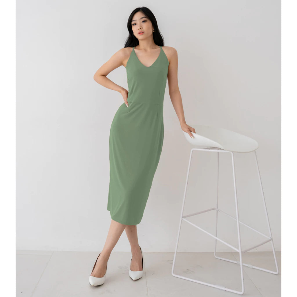 NZINGA Grace | Midi Dress Wanita Polos Slim Fit - V Neck Sleeveless Elegant Look | Ukuran S - XXL