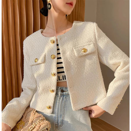 EMITA BLOOM tweed blazer wanita kekinian korea jaket outer crop wanita korean style aestetic terbaru 2026 baju cardigan kondangan wanita