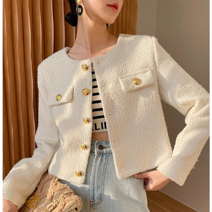 EMITA BLOOM tweed blazer wanita kekinian korea jaket outer crop wanita korean style aestetic terbaru 2026 baju cardigan kondangan wanita