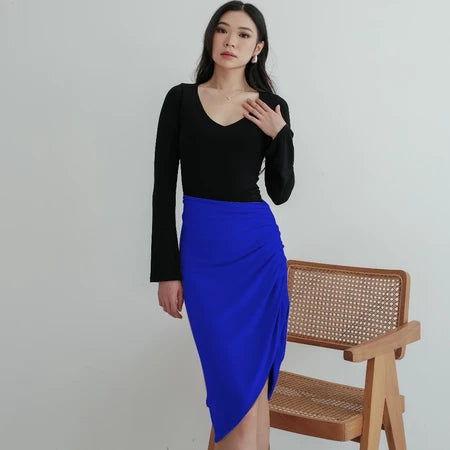 NZINGA Hyosonn | Skirt Wanita Slim Fit Polos - Rok Midi Kerut Belahan Depan Stylish | Ukuran S - XXL