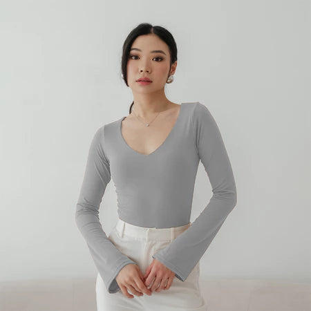 NZINGA Jiyeon | Bodysuit Wanita Polos Lengan Panjang - Model V Neck Slim Fit | Ukuran S - XXL