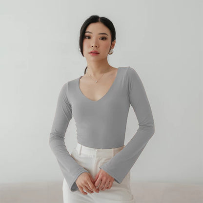 NZINGA Jiyeon | Bodysuit Wanita Polos Lengan Panjang - Model V Neck Slim Fit | Ukuran S - XXL