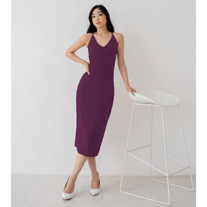 NZINGA Grace | Midi Dress Wanita Polos Slim Fit - V Neck Sleeveless Elegant Look | Ukuran S - XXL