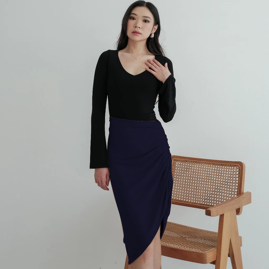 NZINGA Hyosonn | Skirt Wanita Slim Fit Polos - Rok Midi Kerut Belahan Depan Stylish | Ukuran S - XXL
