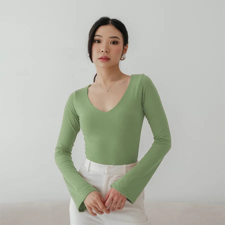 NZINGA Jiyeon | Bodysuit Wanita Polos Lengan Panjang - Model V Neck Slim Fit | Ukuran S - XXL