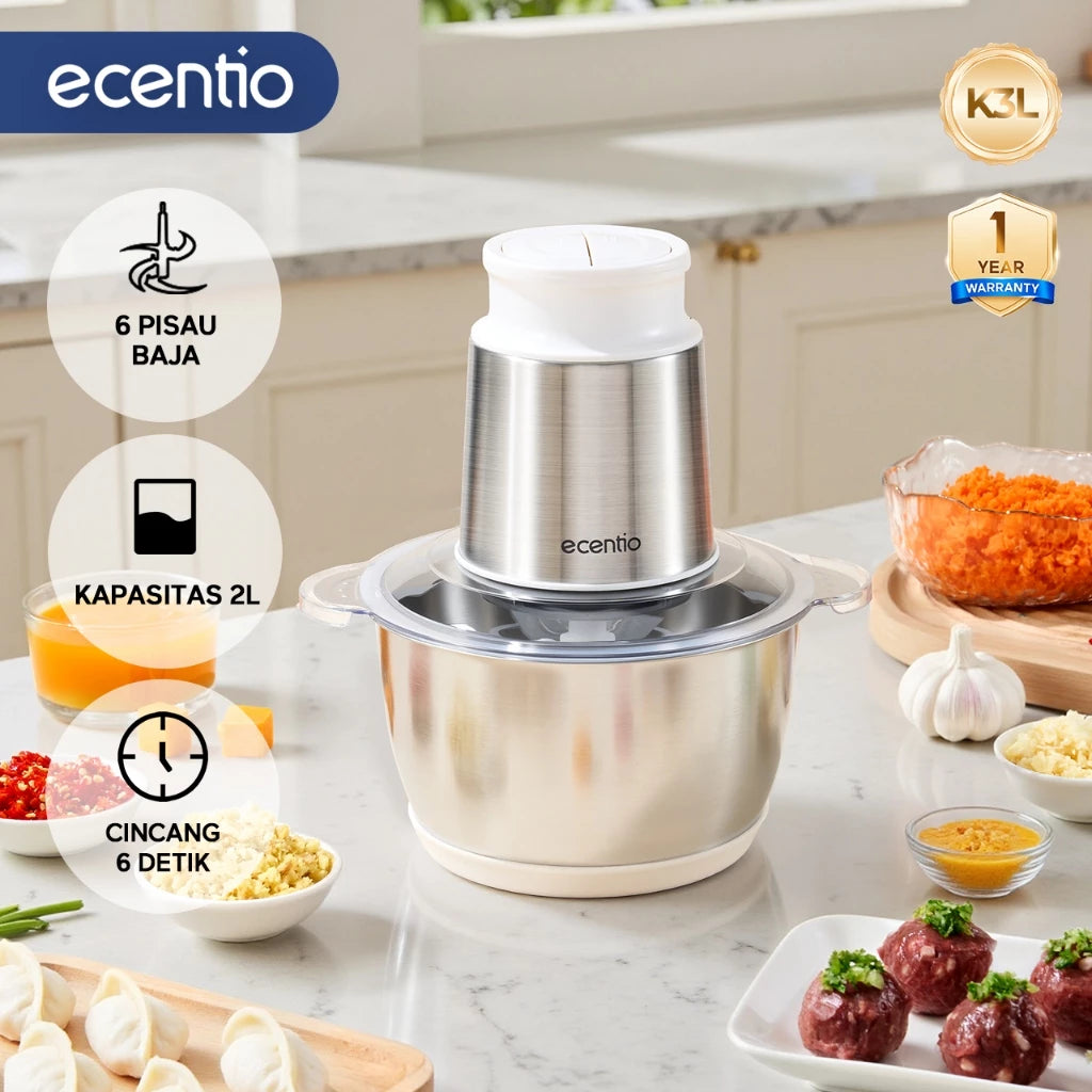 ecentio Multifungsi Blender Penggiling Daging Kaca 2L 6 Pisau Kecepatan Food Processor Ganda Kapasitas Besar Mesin Giling Daging