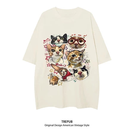 TREPUB. T-shirt Oversize off-the-shoulder happy cats Baju Kaos Korean Style | Pria Wanita /403