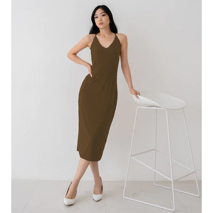 NZINGA Grace | Midi Dress Wanita Polos Slim Fit - V Neck Sleeveless Elegant Look | Ukuran S - XXL