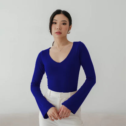 NZINGA Jiyeon | Bodysuit Wanita Polos Lengan Panjang - Model V Neck Slim Fit | Ukuran S - XXL