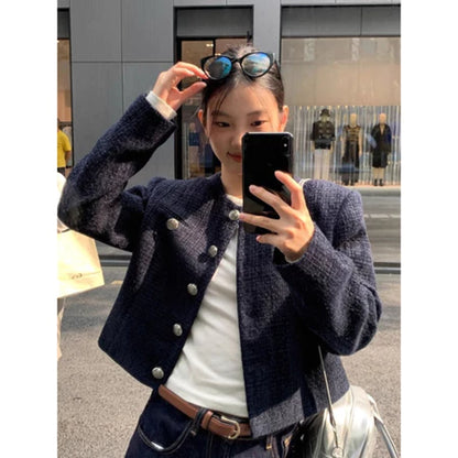 EMITA BLOOM tweed blazer wanita kekinian korea jaket outer crop wanita korean style aestetic terbaru 2026 baju cardigan kondangan wanita