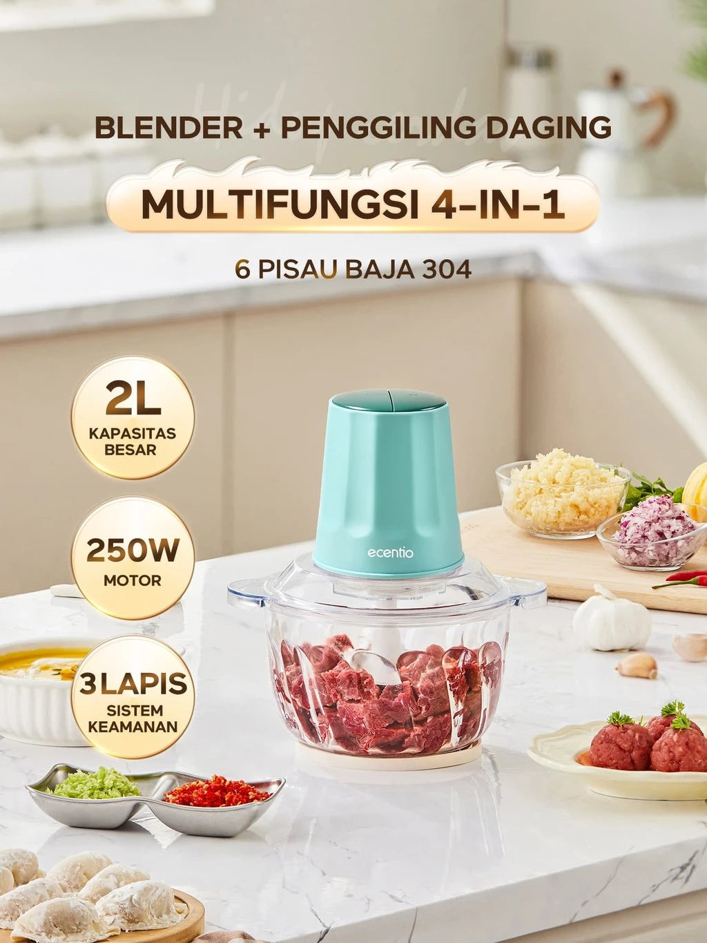 ecentio Multifungsi Blender Penggiling Daging Kaca 2L 6 Pisau Kecepatan Food Processor Ganda Kapasitas Besar Mesin Giling Daging
