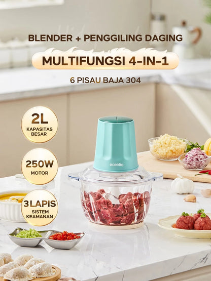 ecentio Multifungsi Blender Penggiling Daging Kaca 2L 6 Pisau Kecepatan Food Processor Ganda Kapasitas Besar Mesin Giling Daging
