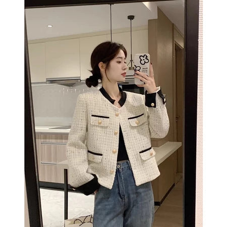 EMITA BLOOM tweed blazer wanita aesthetic baju outer cardigan hijau pesta crop top lengan panjang kondangan wanita kekinian korea