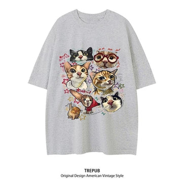 TREPUB. T-shirt Oversize off-the-shoulder happy cats Baju Kaos Korean Style | Pria Wanita /403