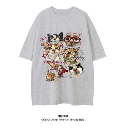 TREPUB. T-shirt Oversize off-the-shoulder happy cats Baju Kaos Korean Style | Pria Wanita /403