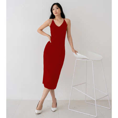 NZINGA Grace | Midi Dress Wanita Polos Slim Fit - V Neck Sleeveless Elegant Look | Ukuran S - XXL