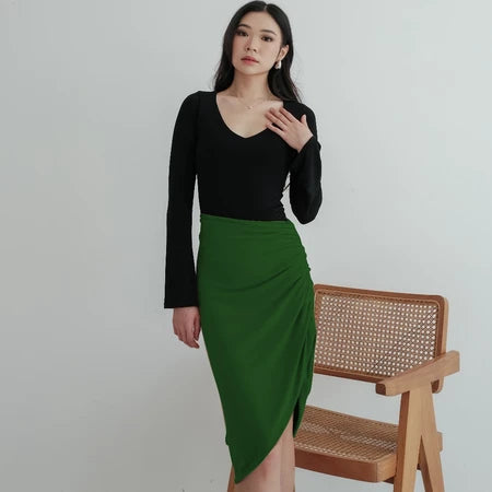 NZINGA Hyosonn | Skirt Wanita Slim Fit Polos - Rok Midi Kerut Belahan Depan Stylish | Ukuran S - XXL