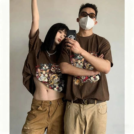 TREPUB. T-shirt Oversize off-the-shoulder happy cats Baju Kaos Korean Style | Pria Wanita /403