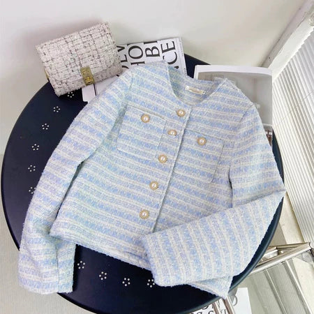 EMITA BLOOM tweed blazer wanita aesthetic baju outer cardigan hijau pesta crop top lengan panjang kondangan wanita kekinian korea