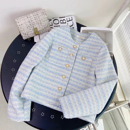 EMITA BLOOM tweed blazer wanita aesthetic baju outer cardigan hijau pesta crop top lengan panjang kondangan wanita kekinian korea