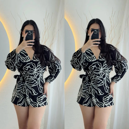 Malika Long Sleeve Summer Mini Jumsuit Bunga-Bunga