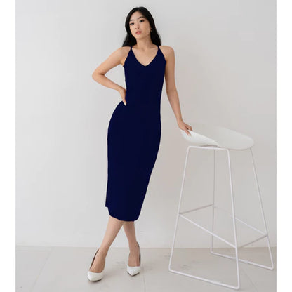 NZINGA Grace | Midi Dress Wanita Polos Slim Fit - V Neck Sleeveless Elegant Look | Ukuran S - XXL