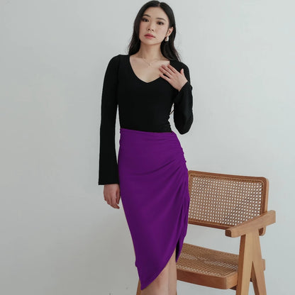 NZINGA Hyosonn | Skirt Wanita Slim Fit Polos - Rok Midi Kerut Belahan Depan Stylish | Ukuran S - XXL