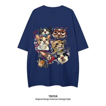 TREPUB. T-shirt Oversize off-the-shoulder happy cats Baju Kaos Korean Style | Pria Wanita /403