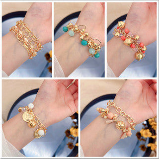 14 model Rantai Pesona Kristal Berwarna Gelang manik Multi-lapis Wanita Buatan Tangan Emas