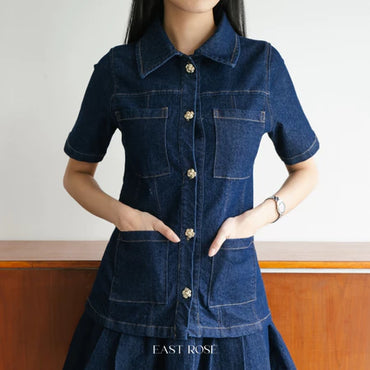 [EastRose] Shea Denim Top | Atasan Denim | Top Jeans Wanita | Kemeja Lengan Pendek Jeans | Denim Top Lengan Pendek