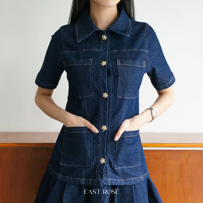 [EastRose] Shea Denim Top | Atasan Denim | Top Jeans Wanita | Kemeja Lengan Pendek Jeans | Denim Top Lengan Pendek