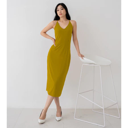 NZINGA Grace | Midi Dress Wanita Polos Slim Fit - V Neck Sleeveless Elegant Look | Ukuran S - XXL