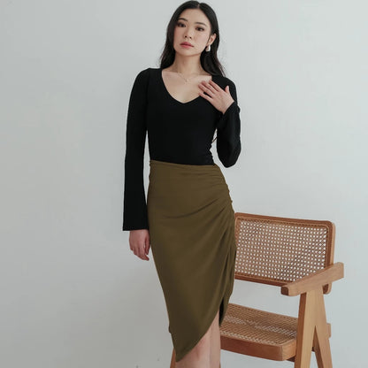 NZINGA Hyosonn | Skirt Wanita Slim Fit Polos - Rok Midi Kerut Belahan Depan Stylish | Ukuran S - XXL