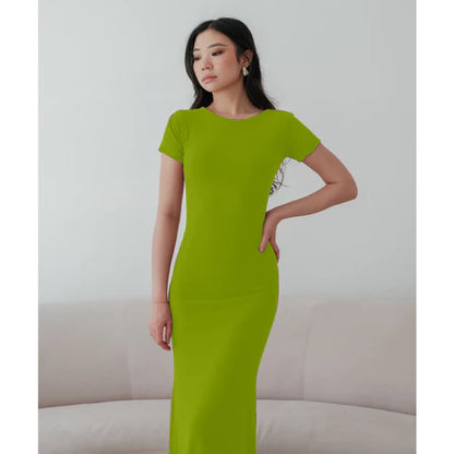 NZINGA Yuna | Dress Wanita Polos Lengan Pendek - Maxi Body Fit Casual Chic | Ukuran S - XXL