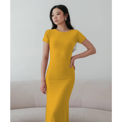 NZINGA Yuna | Dress Wanita Polos Lengan Pendek - Maxi Body Fit Casual Chic | Ukuran S - XXL