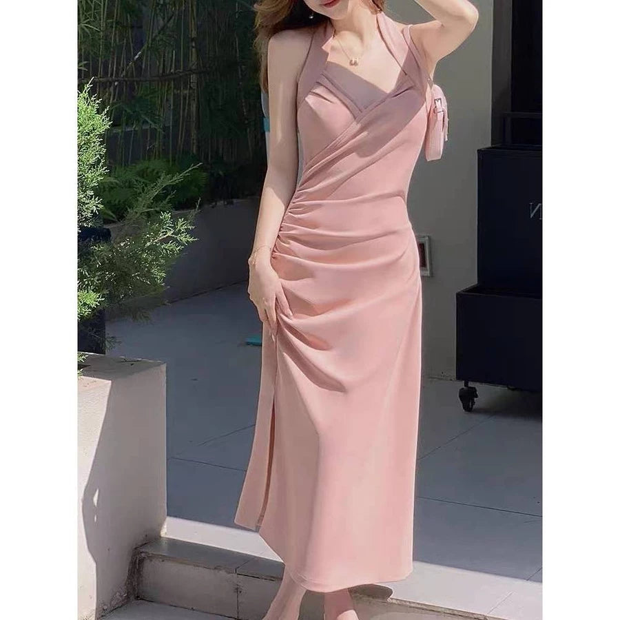 EMITA BLOOM baju dress brown backless pantai wanita ketat kondangan simple elegan kekinian korean style gaun pesta mewah elegan