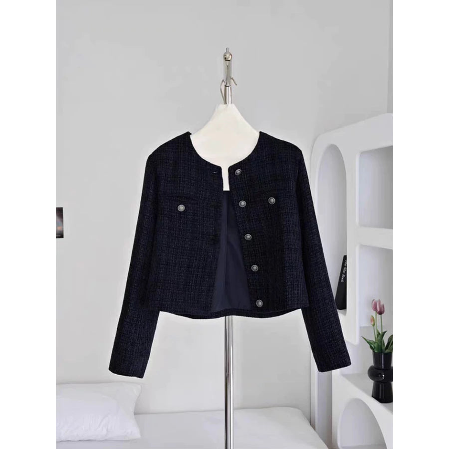 EMITA BLOOM jacket outer hitam polos kondangan wanita kekinian lebaran 2026 korean outer crop top lengan panjang tweed blazer wanita