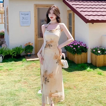 YIMITA dress panjang wanita kekinian korean style tanpa lengan cantik blue elegant party bunga press body dress terbaru 2026