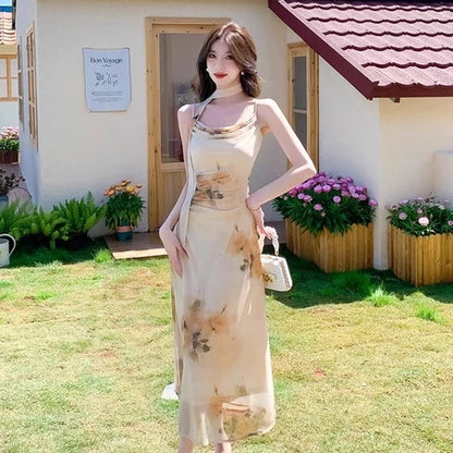 YIMITA dress panjang wanita kekinian korean style tanpa lengan cantik blue elegant party bunga press body dress terbaru 2026