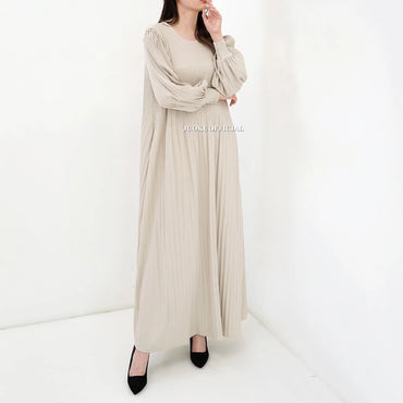 Maxi Dress Plisket Lidi Cabang Lengan Balon / Dress Lengan Panjang / Dress Panjang / Gaun Plisket Panjang / Pleated Dress