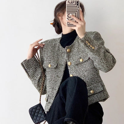 EMITA BLOOM outer hitam crop top lengan panjang kondangan wanita kekinian korean style lebaran 2026 tweed blazer wanita premium