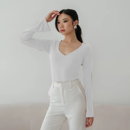 NZINGA Jiyeon | Bodysuit Wanita Polos Lengan Panjang - Model V Neck Slim Fit | Ukuran S - XXL
