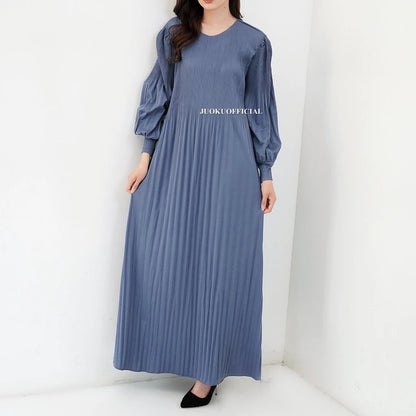 Maxi Dress Plisket Lidi Cabang Lengan Balon / Dress Lengan Panjang / Dress Panjang / Gaun Plisket Panjang / Pleated Dress